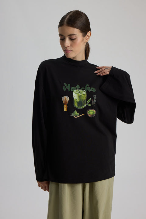Baskılı Dik Yaka Geniş Kollu Çıtçıt Detaylı Body - Matcha Siyah