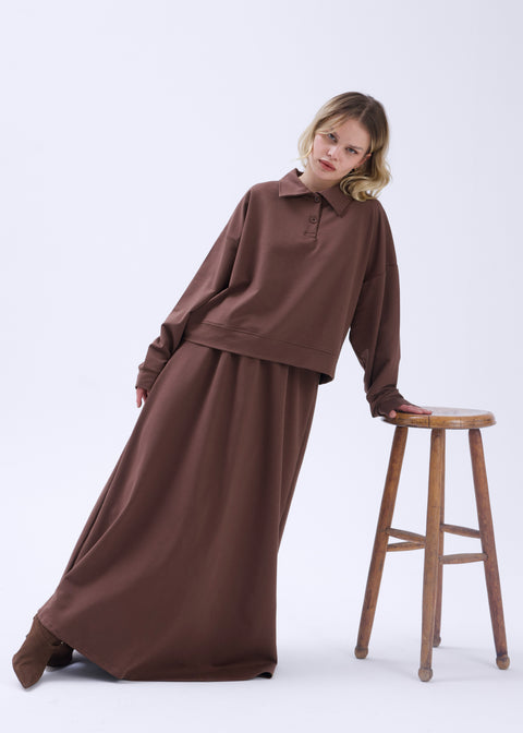 Polo Yaka Sweatshirt Etek Takım Kahverengi