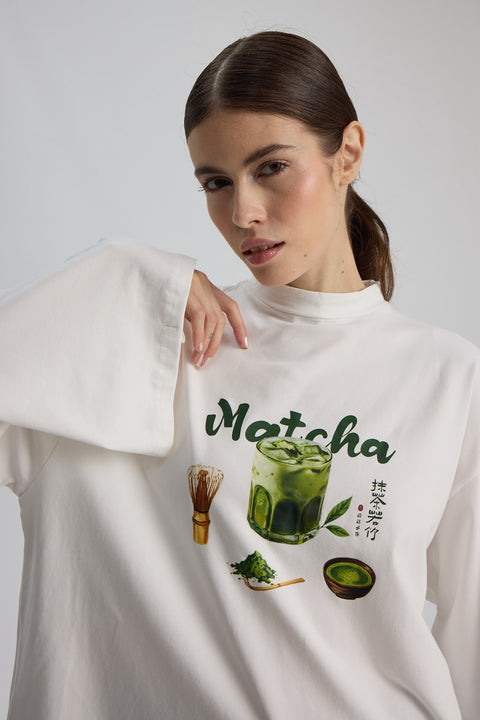 Baskılı Dik Yaka Geniş Kollu Çıtçıt Detaylı Body - Matcha Beyaz