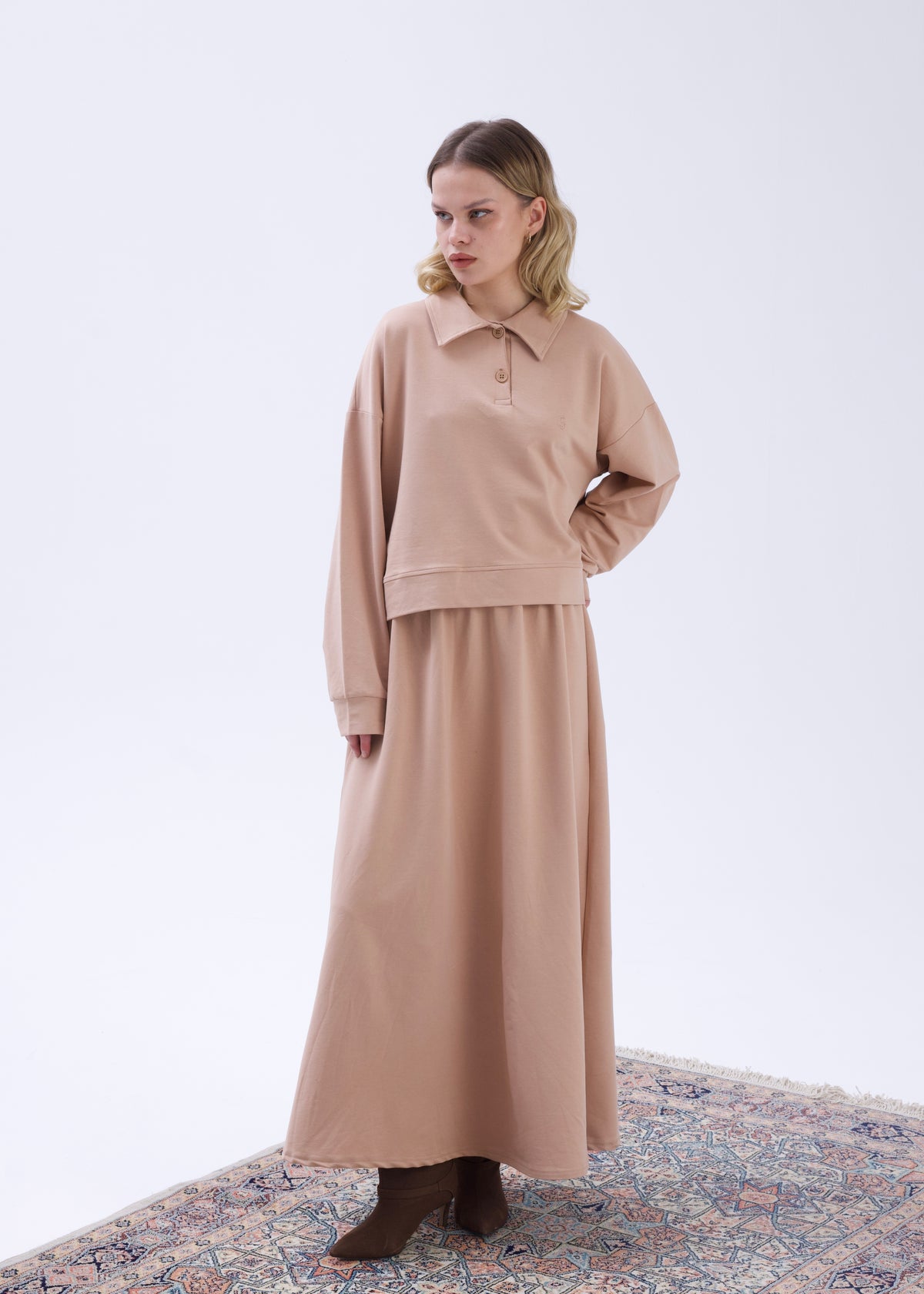 Polo Yaka Sweatshirt Etek Takım Bej