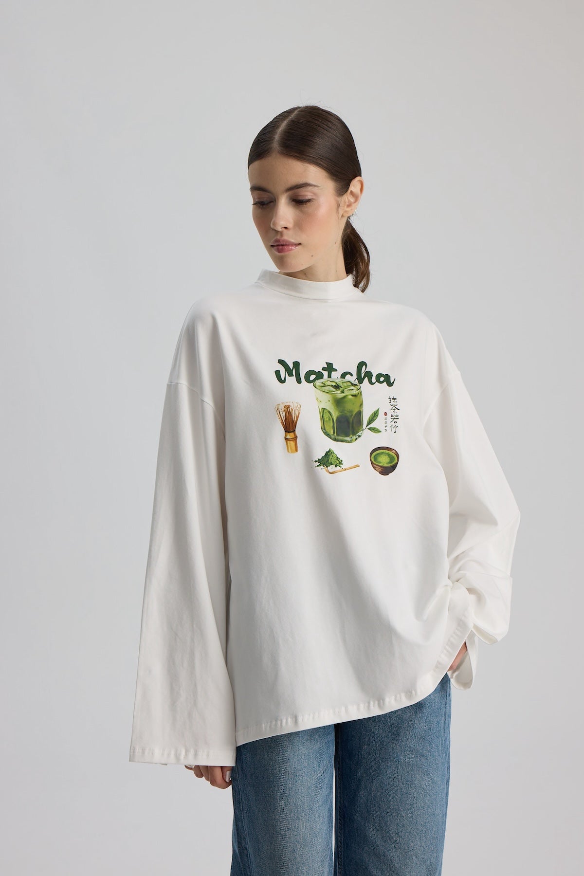 Baskılı Dik Yaka Geniş Kollu Çıtçıt Detaylı Body - Matcha Beyaz
