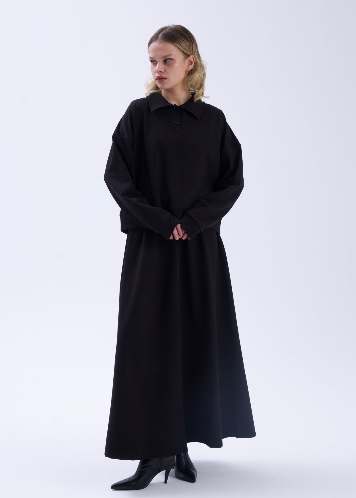 Polo Yaka Sweatshirt Etek Takım Siyah