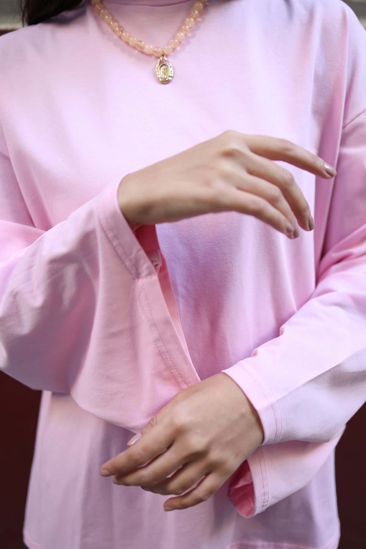 Dik Yaka Geniş Kollu Çıtçıt Detaylı Body Pembe