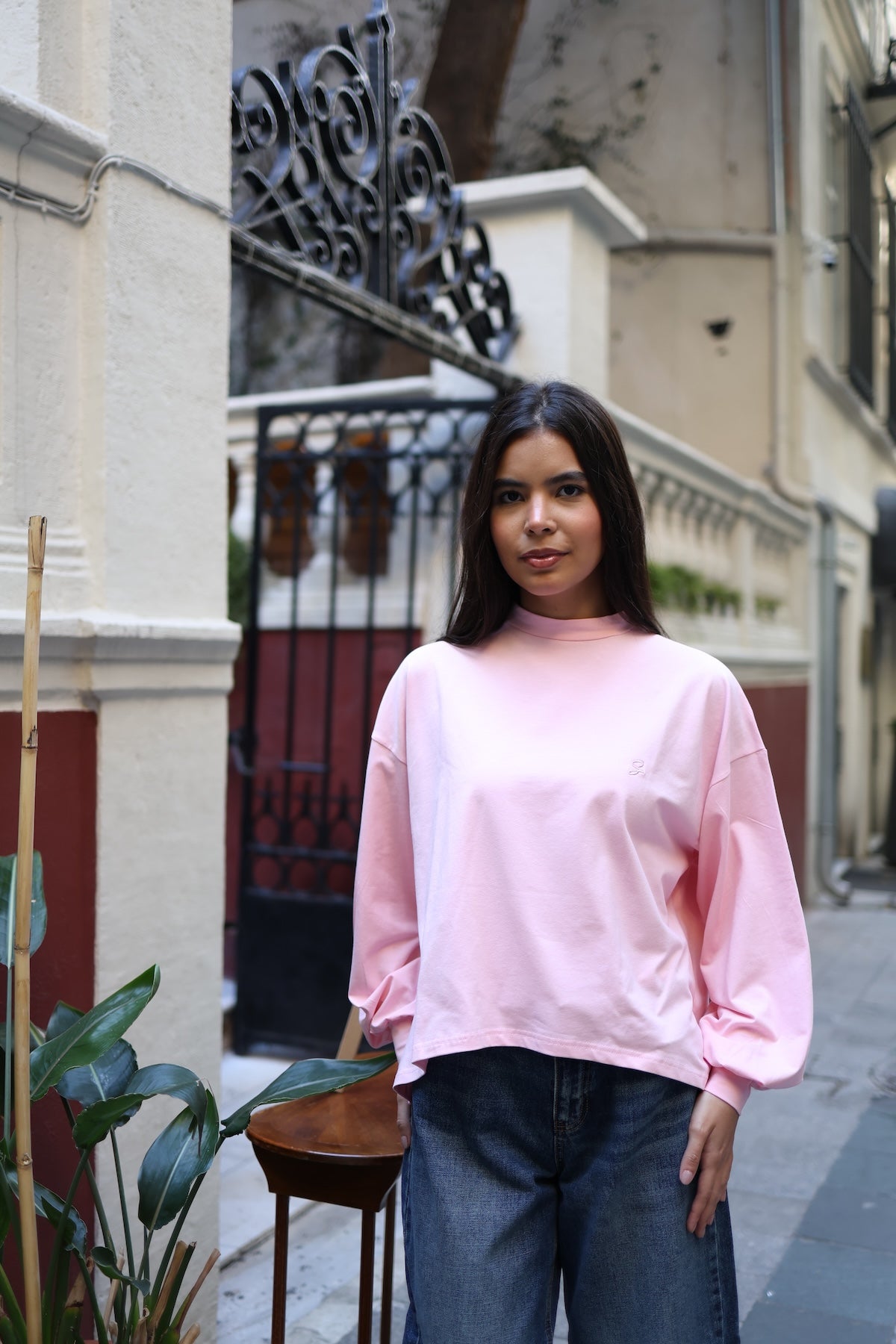 Dik Yaka Balon Kollu Body Pembe