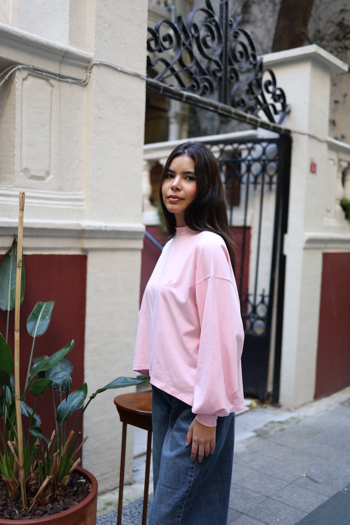 Dik Yaka Balon Kollu Body Pembe