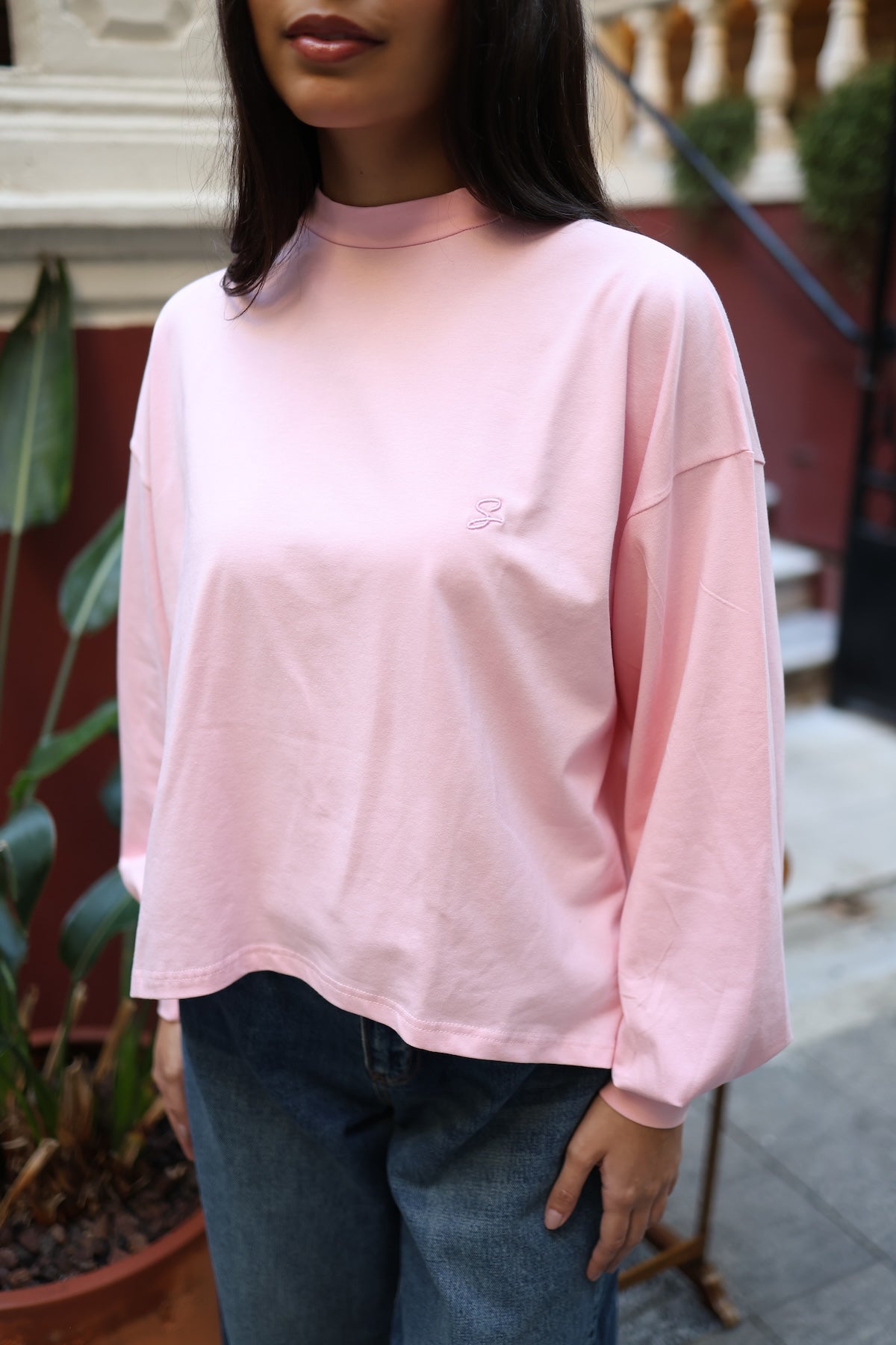 Dik Yaka Balon Kollu Body Pembe