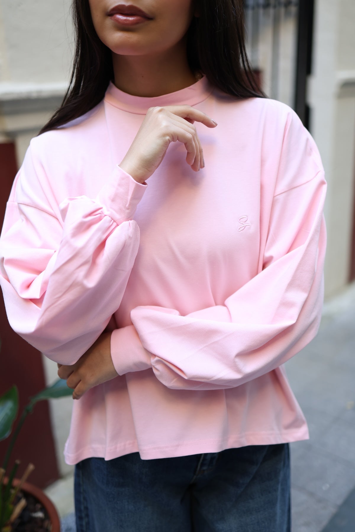 Dik Yaka Balon Kollu Body Pembe
