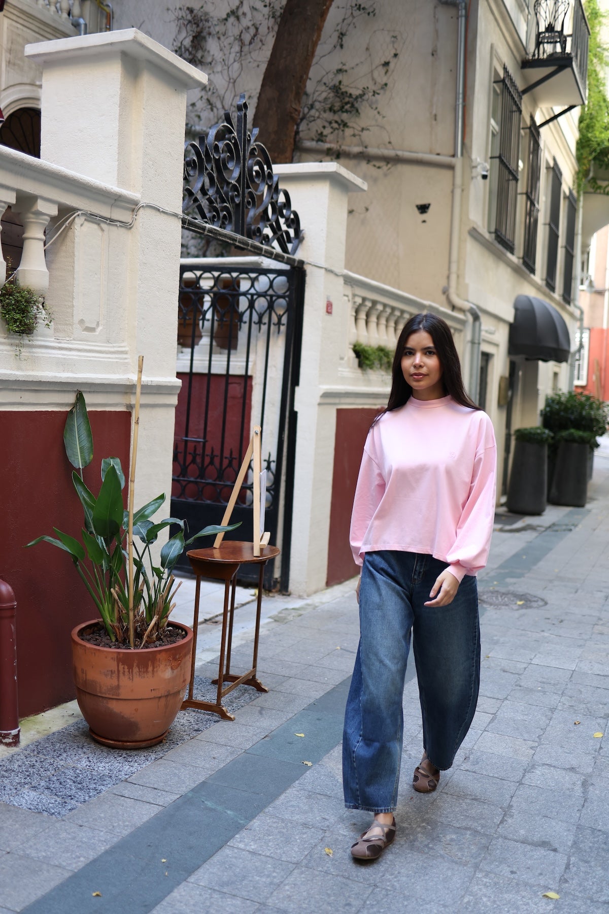 Dik Yaka Balon Kollu Body Pembe