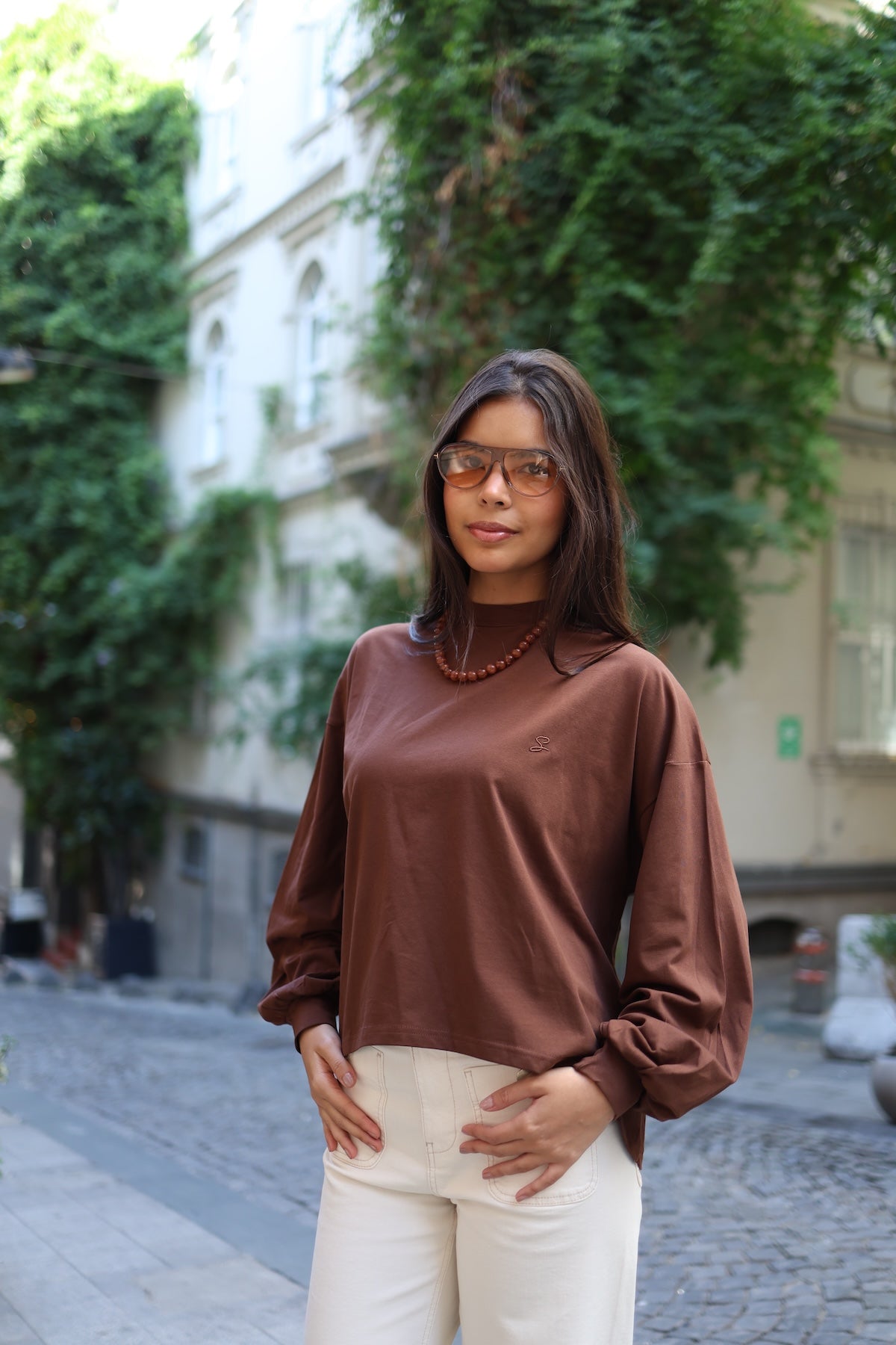 Dik Yaka Balon Kollu Body Çikolata Kahve
