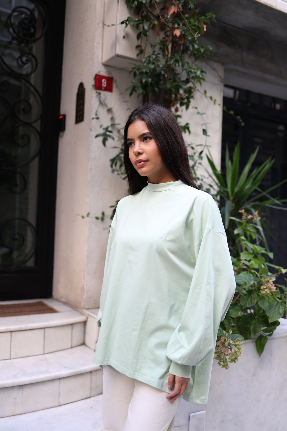 Dik Yaka Balon Kollu Body Mint Yeşil 75CM