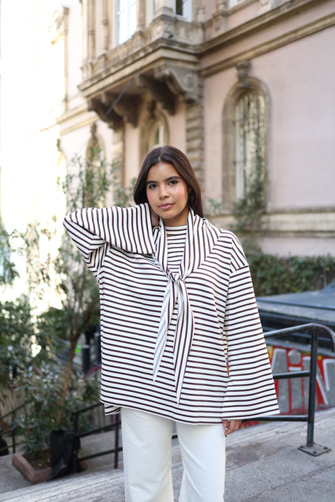 Çizgili ve Yırtmaç Detaylı Fularlı Oysho Tunik Kahve