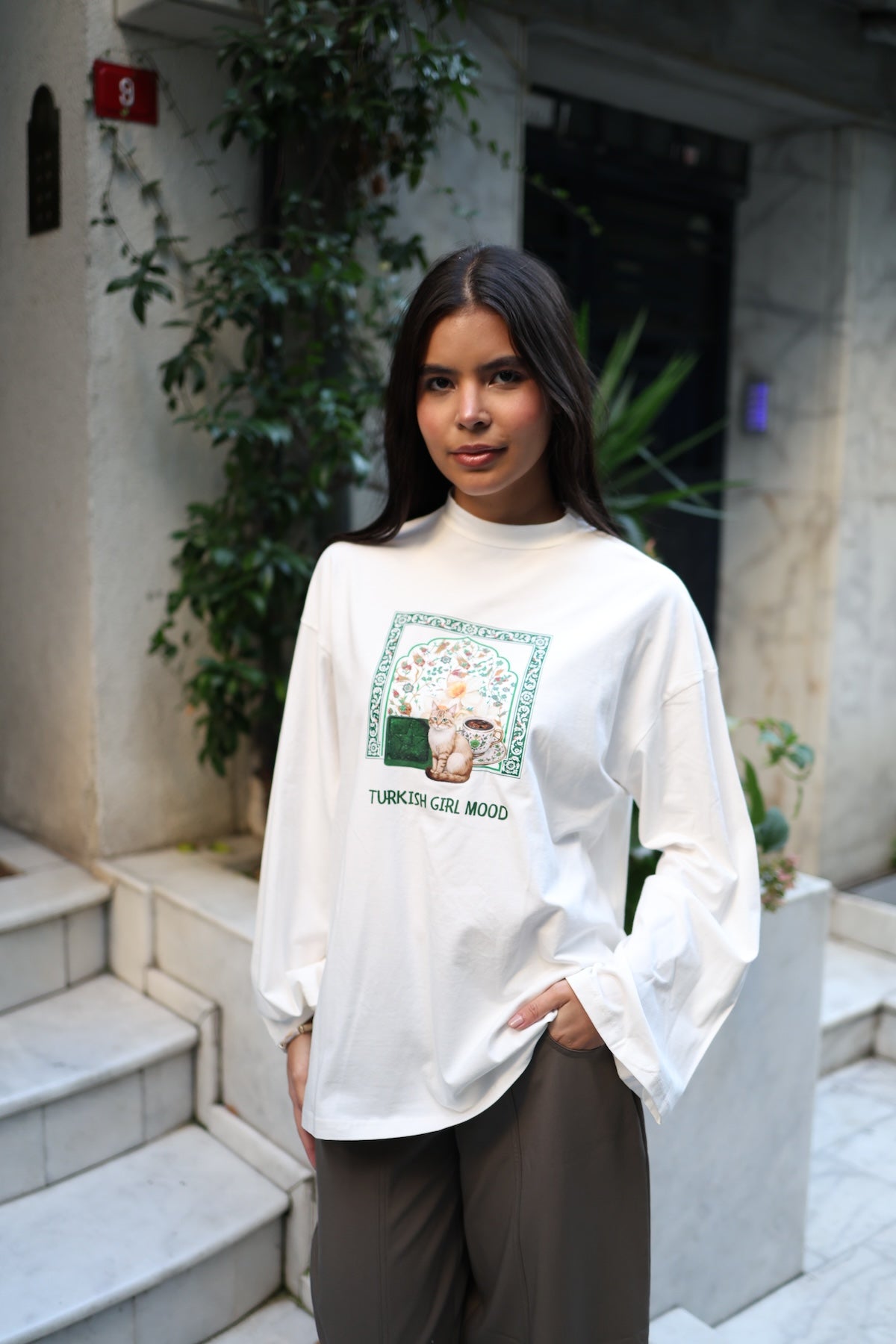 Baskılı Dik Yaka Geniş Kollu Çıtçıt Detaylı Body - Turkish Girl Mood Yeşil