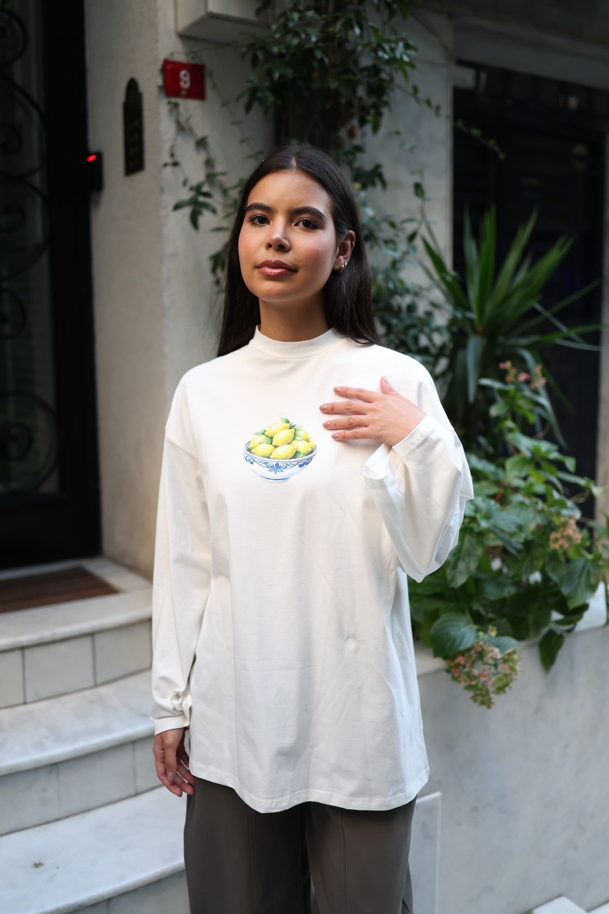 Baskılı Dik Yaka Geniş Kollu Çıtçıt Detaylı Body - Lemon