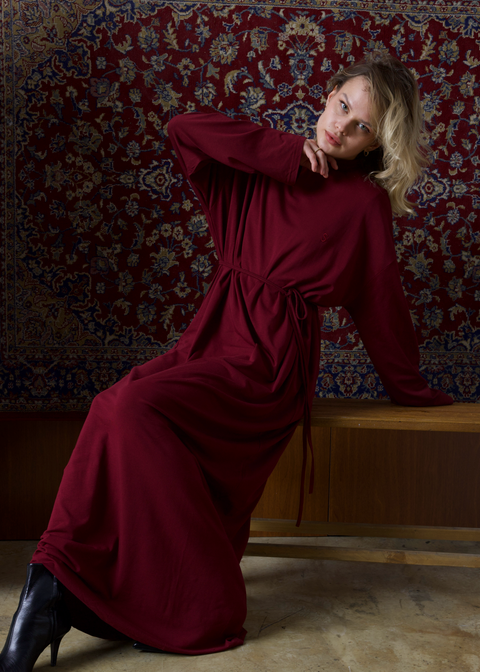 Dik Yaka 140 CM Elbise Mürdüm