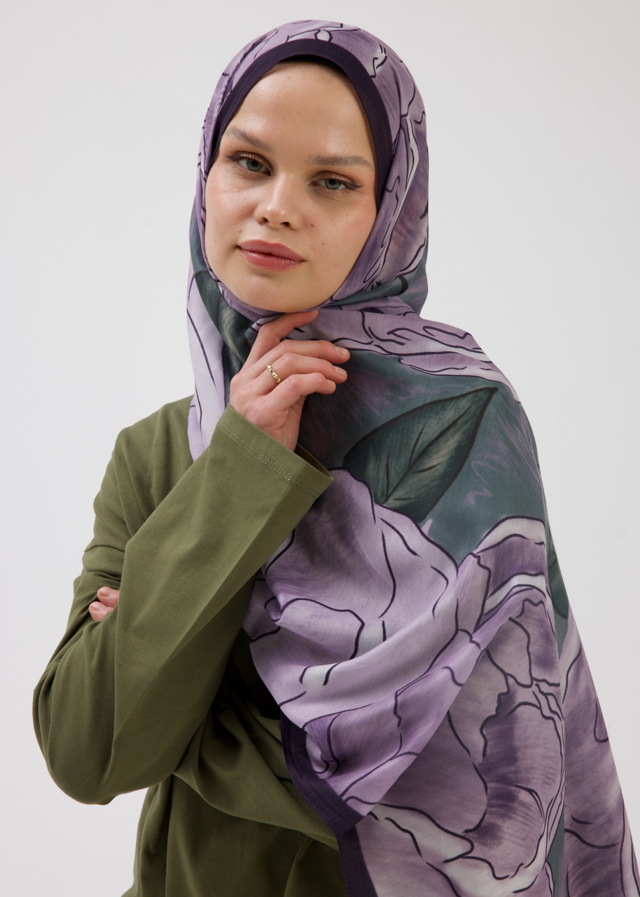 Şakayık Desen Soft Bambu Şal Mor Yeşil