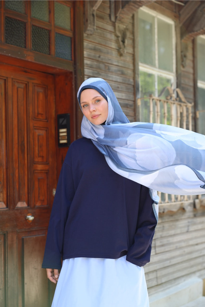 Lale Desen Soft Bambu Şal Mavi Lacivert