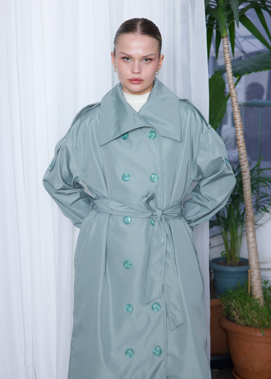 Dik Yaka Oversize Trençkot Mint Yeşili