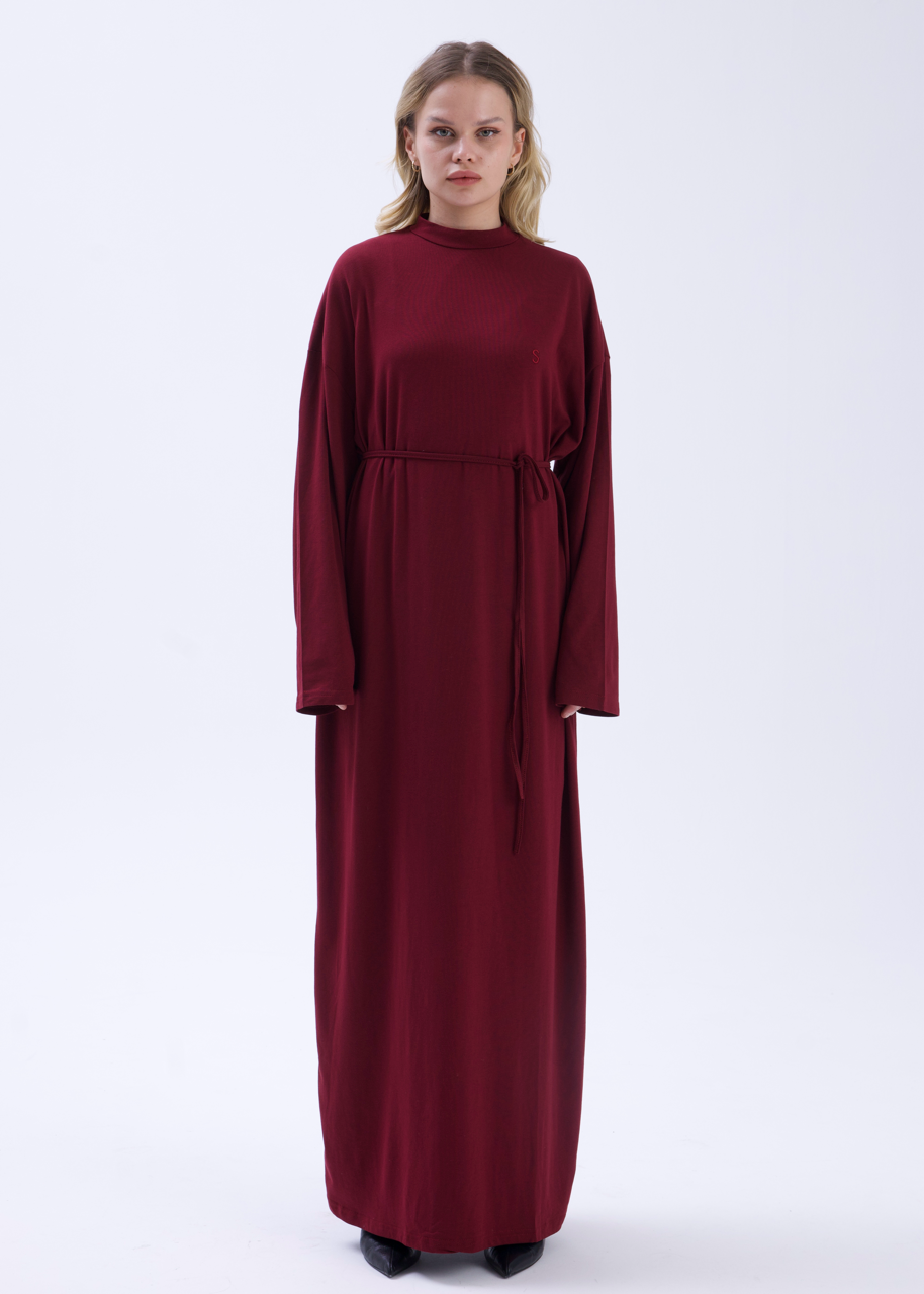 Dik Yaka 140 CM Elbise Mürdüm