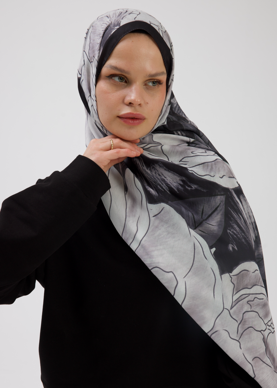 Şakayık Desen Soft Bambu Şal Siyah Beyaz