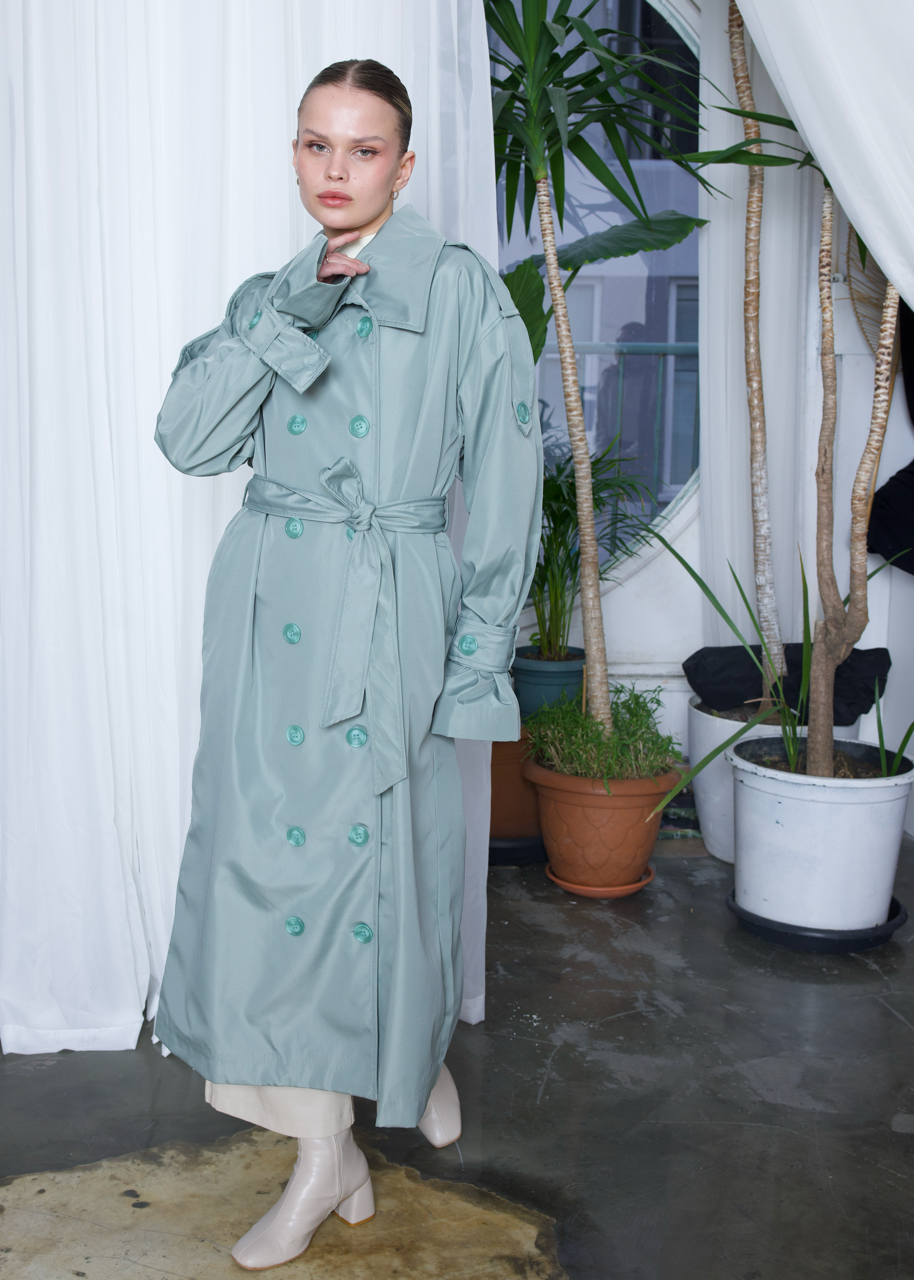 Dik Yaka Oversize Trençkot Mint Yeşili