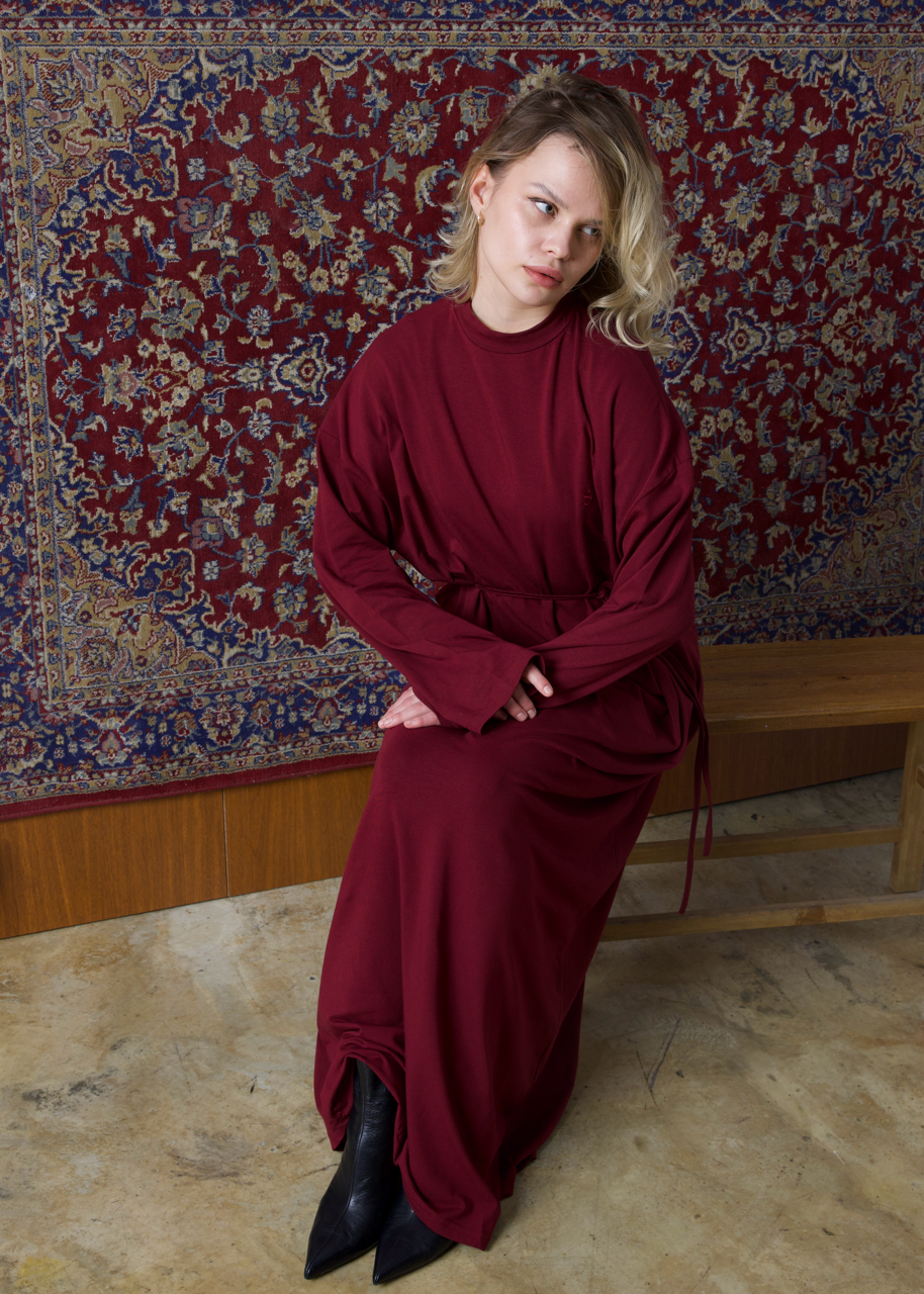 Dik Yaka 140 CM Elbise Mürdüm