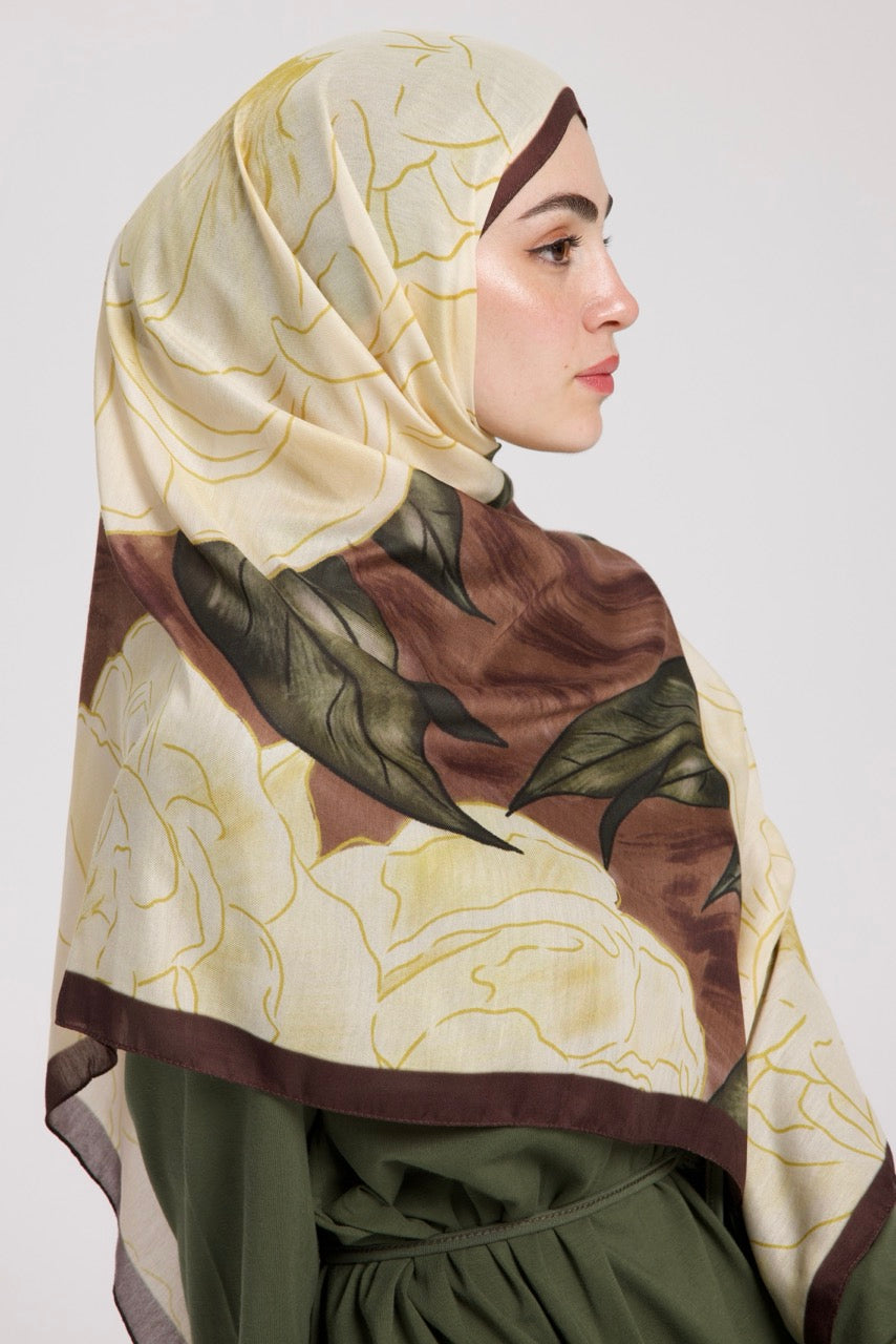 Şakayık Desen Soft Bambu Şal Sarı Kahve