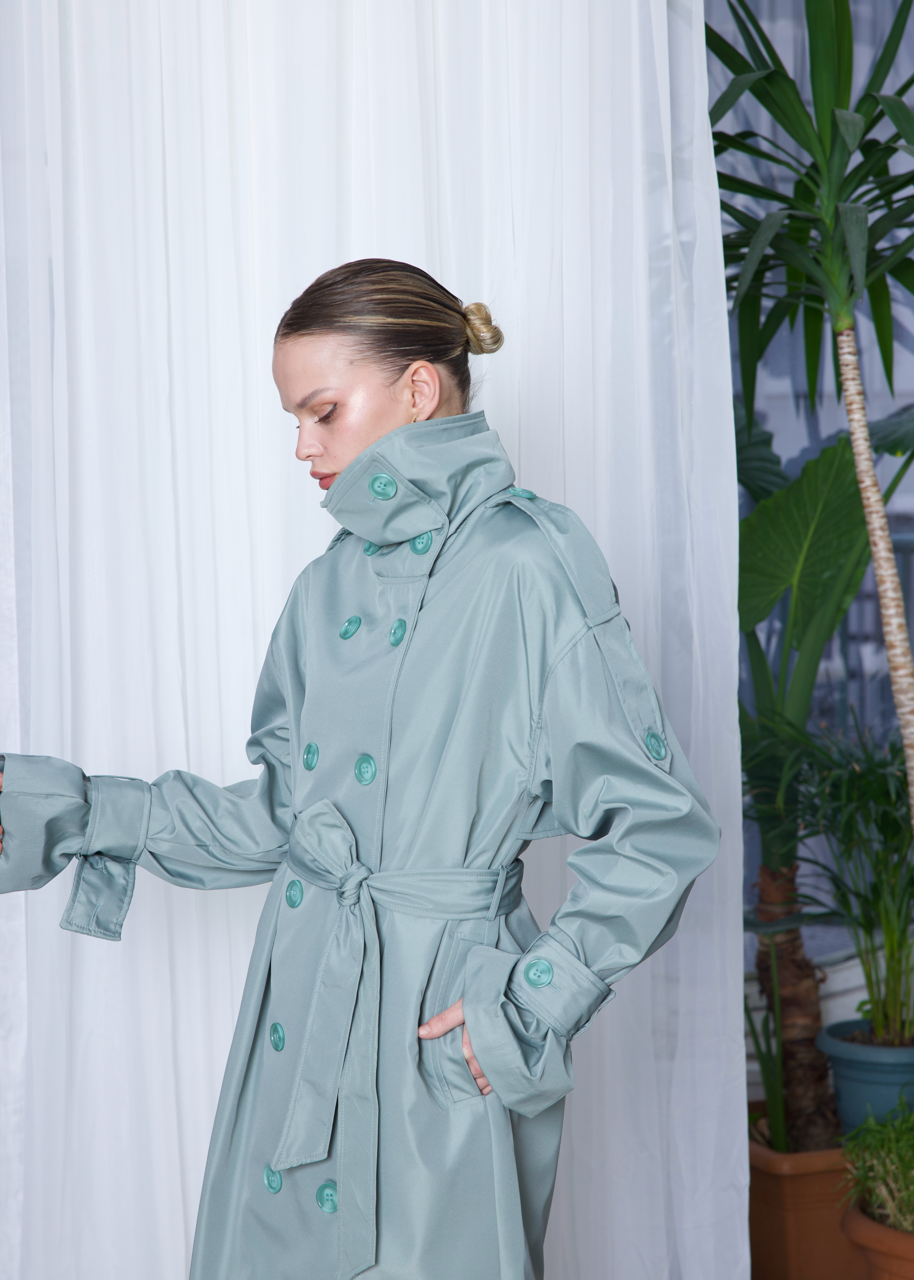 Dik Yaka Oversize Trençkot Mint Yeşili
