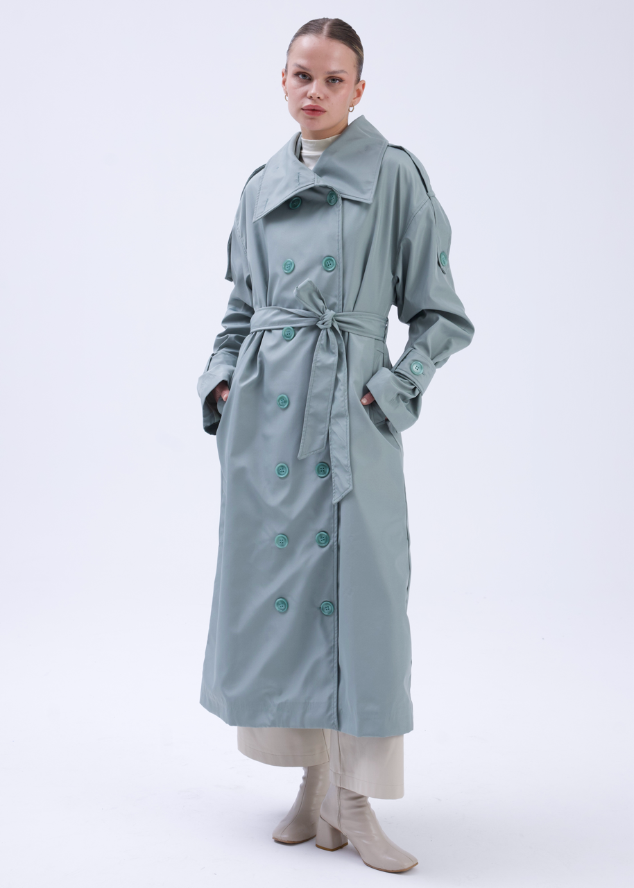 Dik Yaka Oversize Trençkot Mint Yeşili
