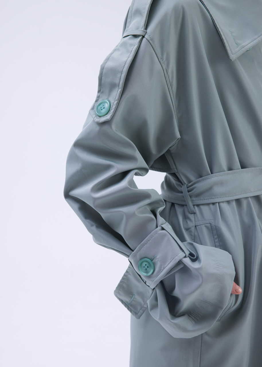 Dik Yaka Oversize Trençkot Mint Yeşili