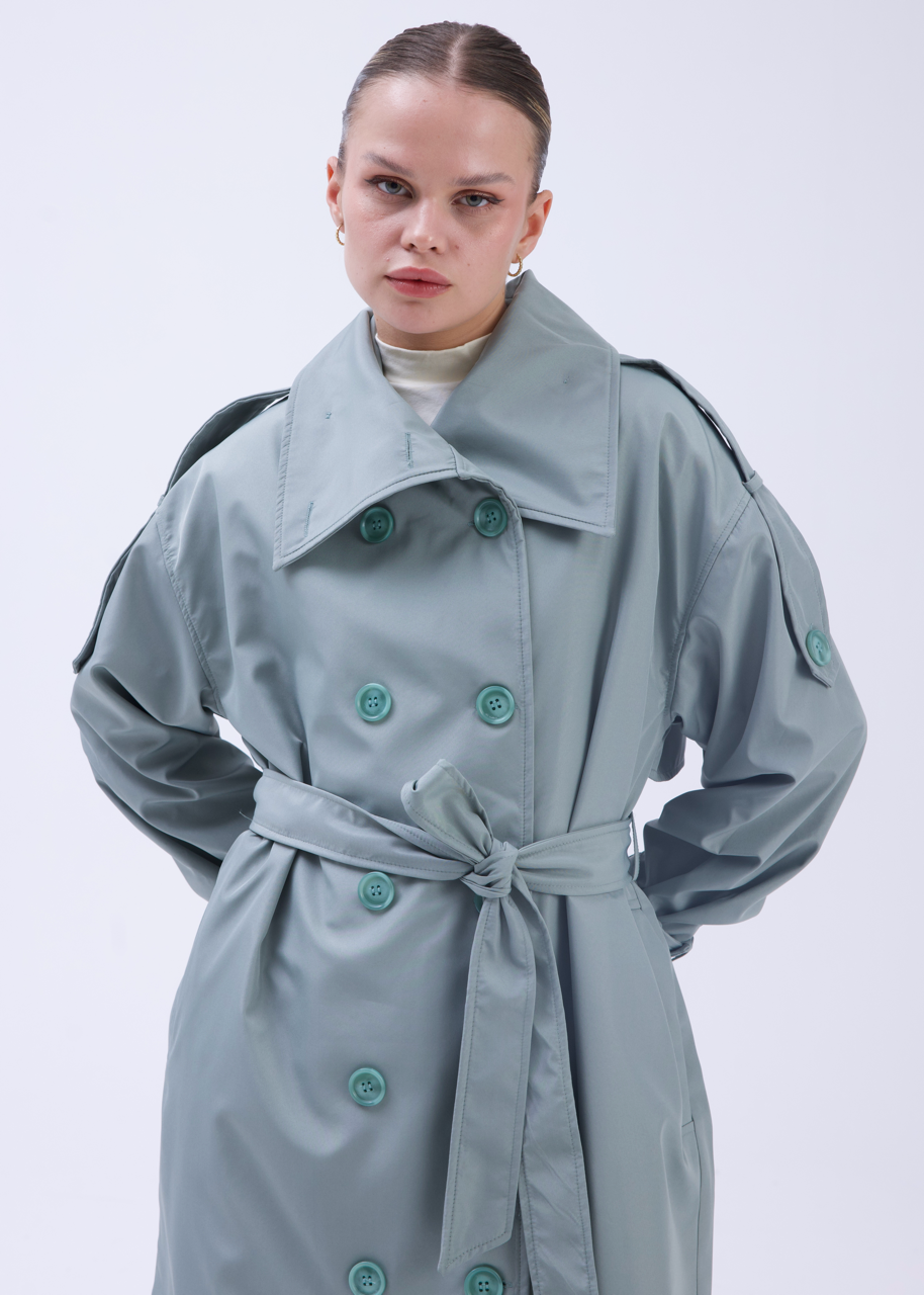 Dik Yaka Oversize Trençkot Mint Yeşili