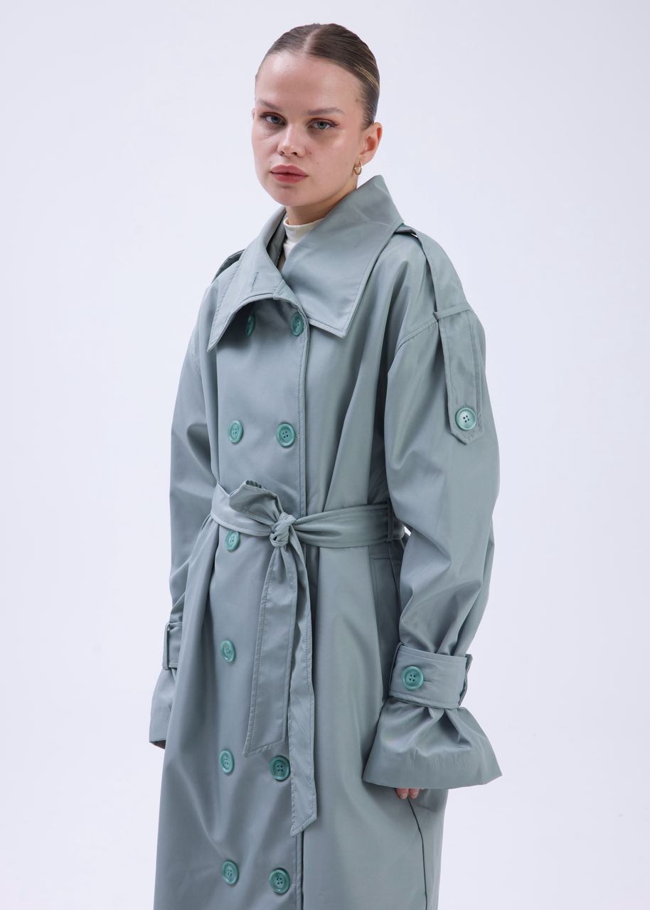 Dik Yaka Oversize Trençkot Mint Yeşili