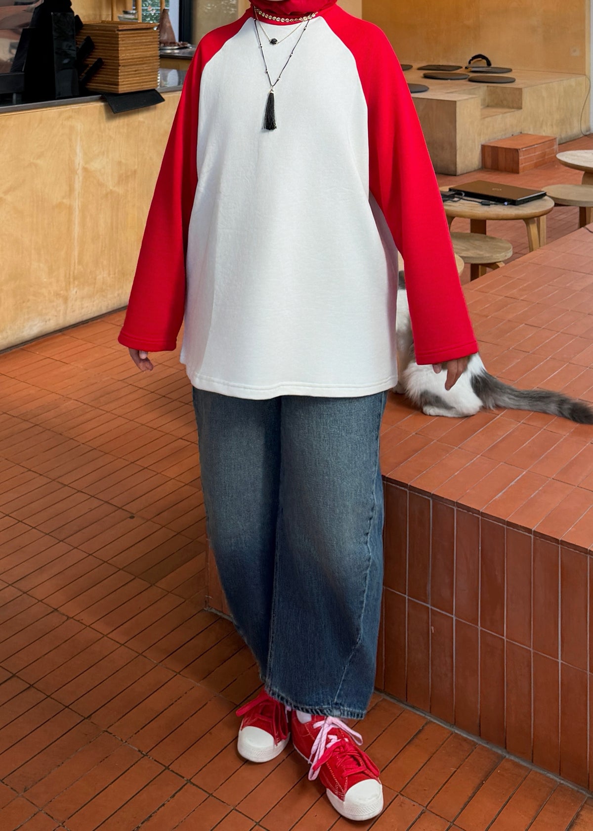 Reglan Kol Body Üç İplik - Beyaz Kırmızı