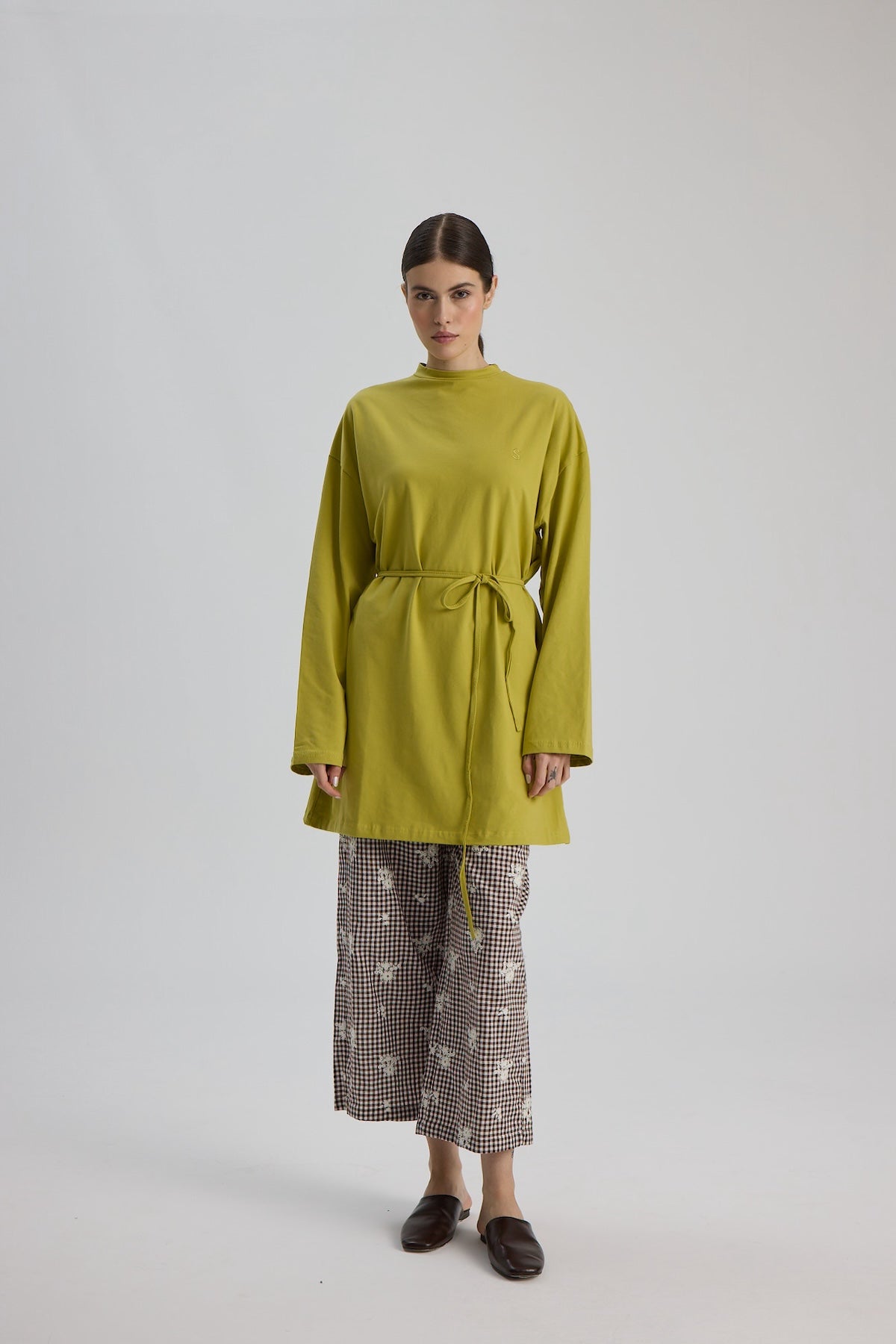 Dik Yaka 85 CM Tunik Yağ Yeşili