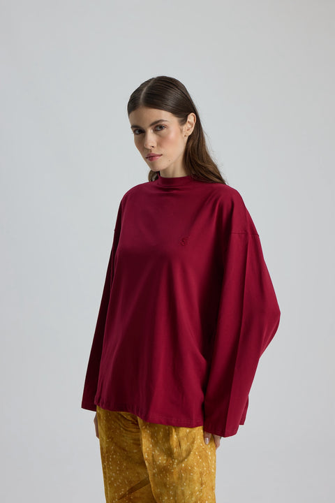 Dik Yaka Uzun Kollu Body Bordo