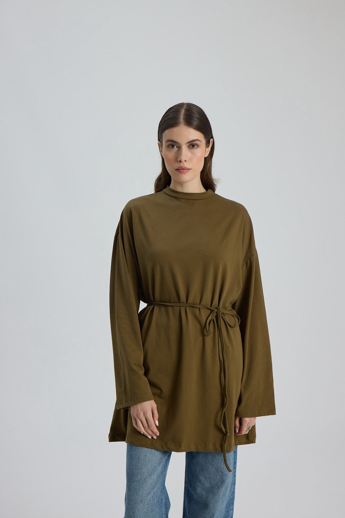 Dik Yaka 85 CM Tunik Koyu Yeşil