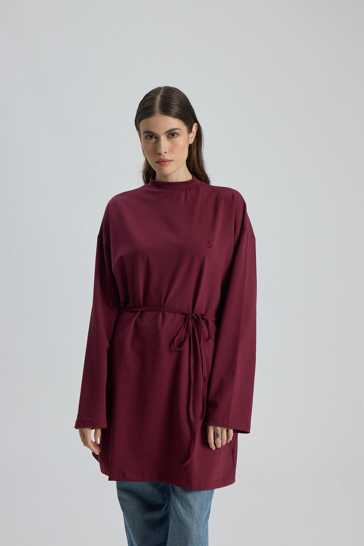 Dik Yaka 85 CM Tunik Mürdüm