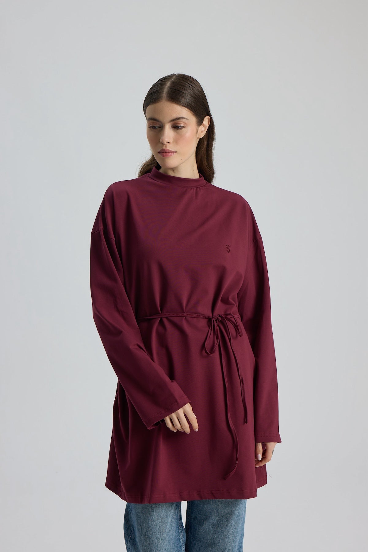 Dik Yaka 85 CM Tunik Mürdüm