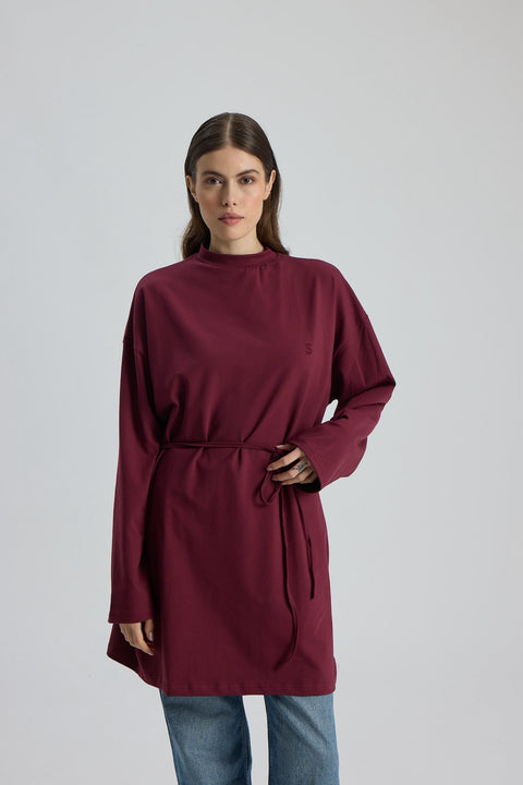 Dik Yaka 85 CM Tunik Mürdüm