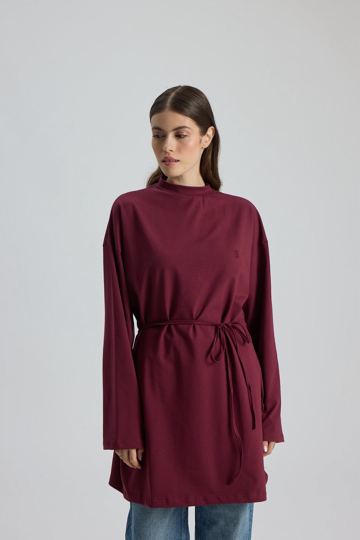 Dik Yaka 85 CM Tunik Mürdüm