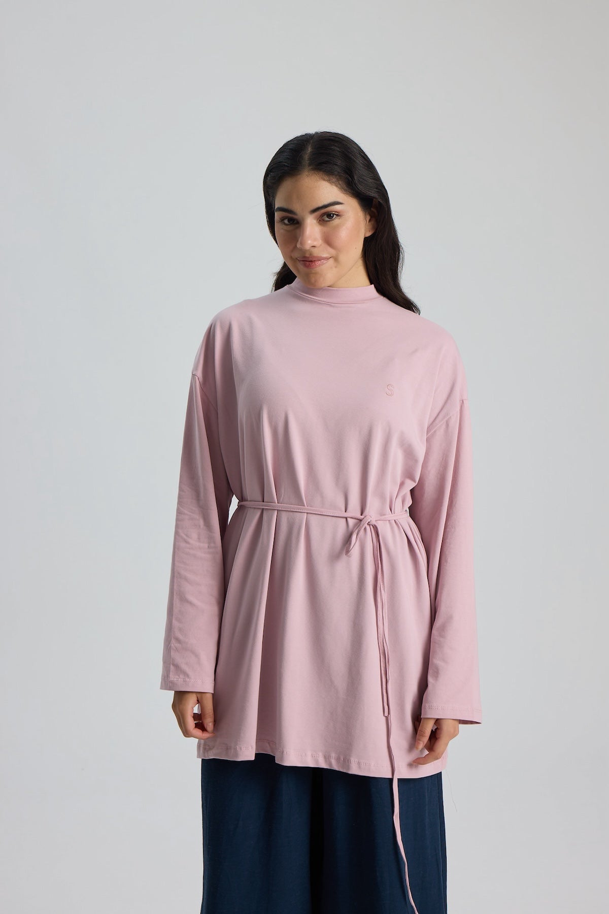 Dik Yaka 85 CM Tunik Pembe