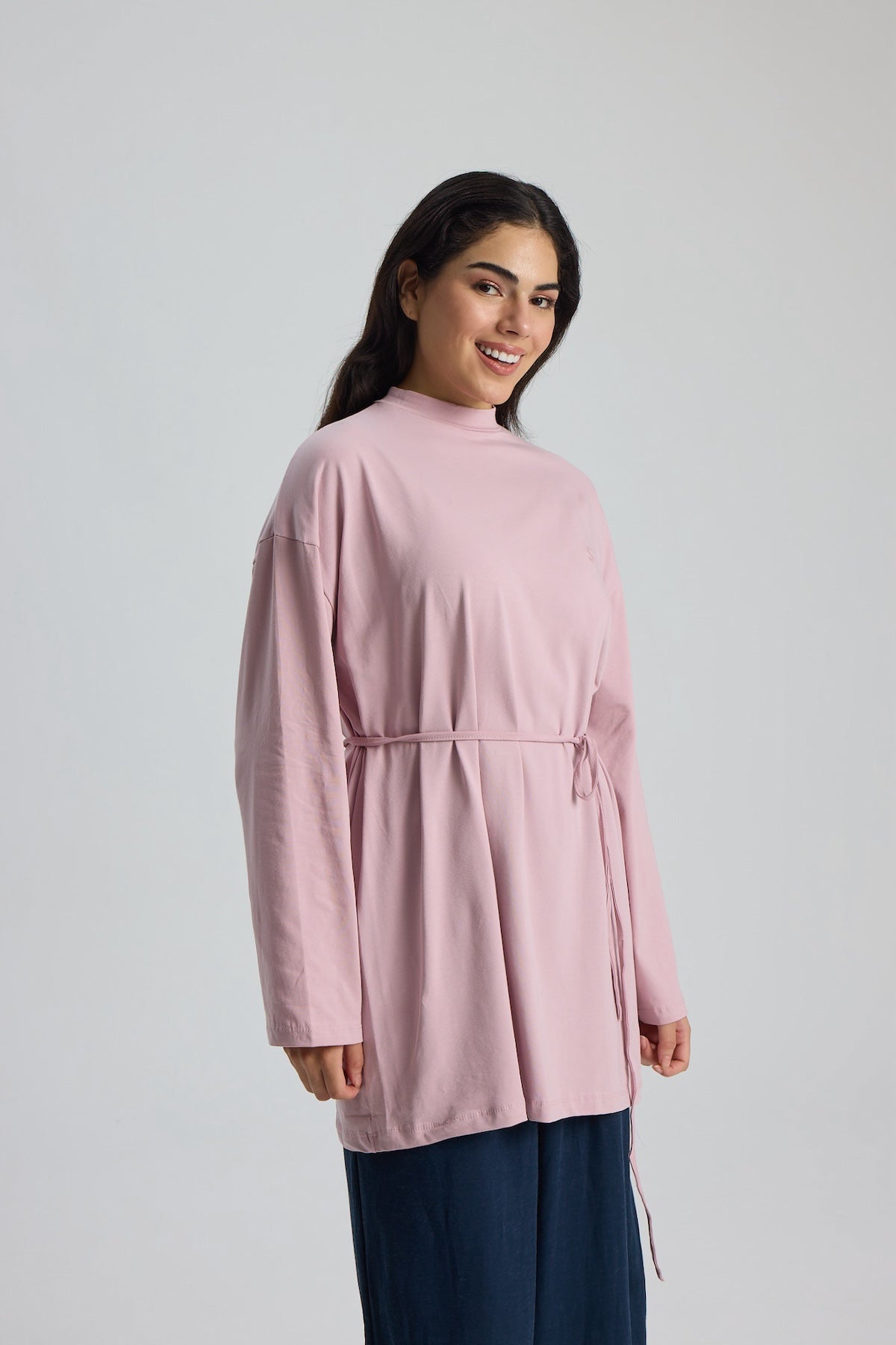 Dik Yaka 85 CM Tunik Pembe