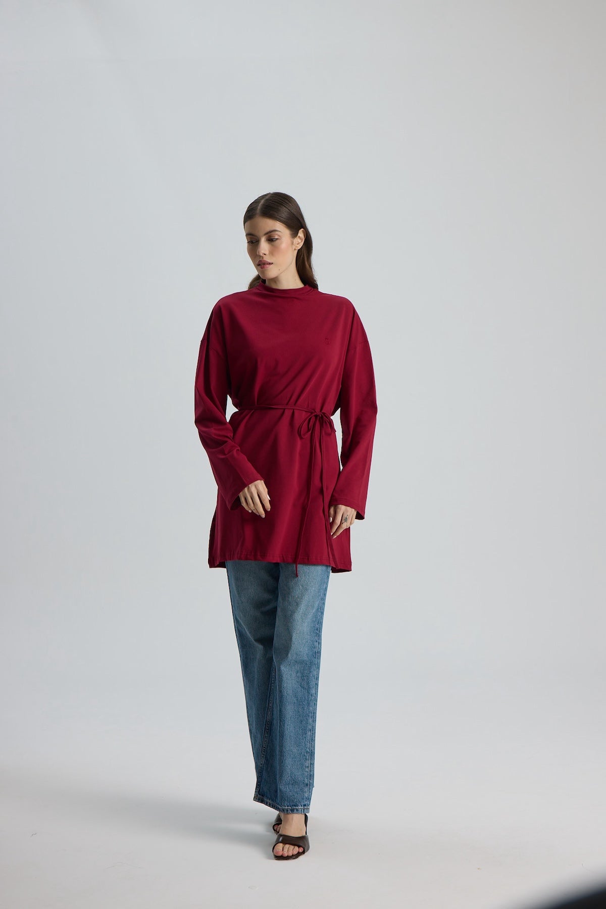 Dik Yaka 85 CM Tunik Bordo