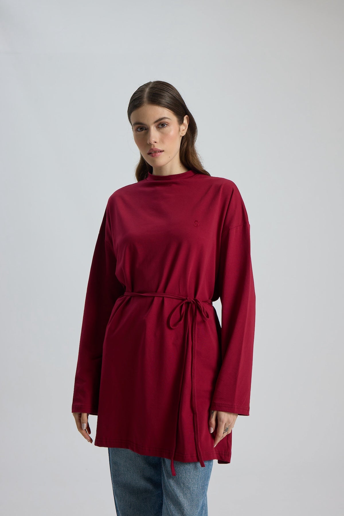 Dik Yaka 85 CM Tunik Bordo