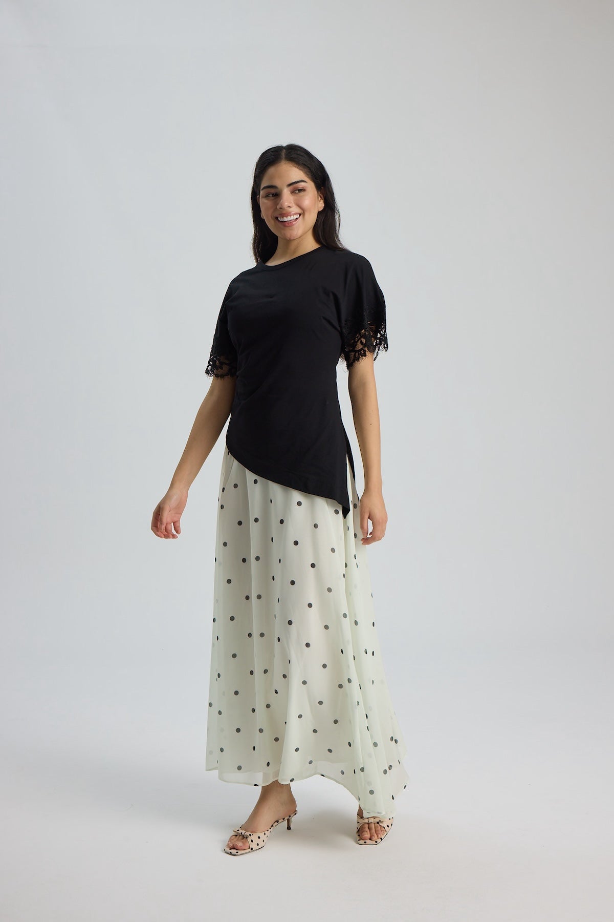Şifon Puantiye Desen Etek 100CM - Ekru