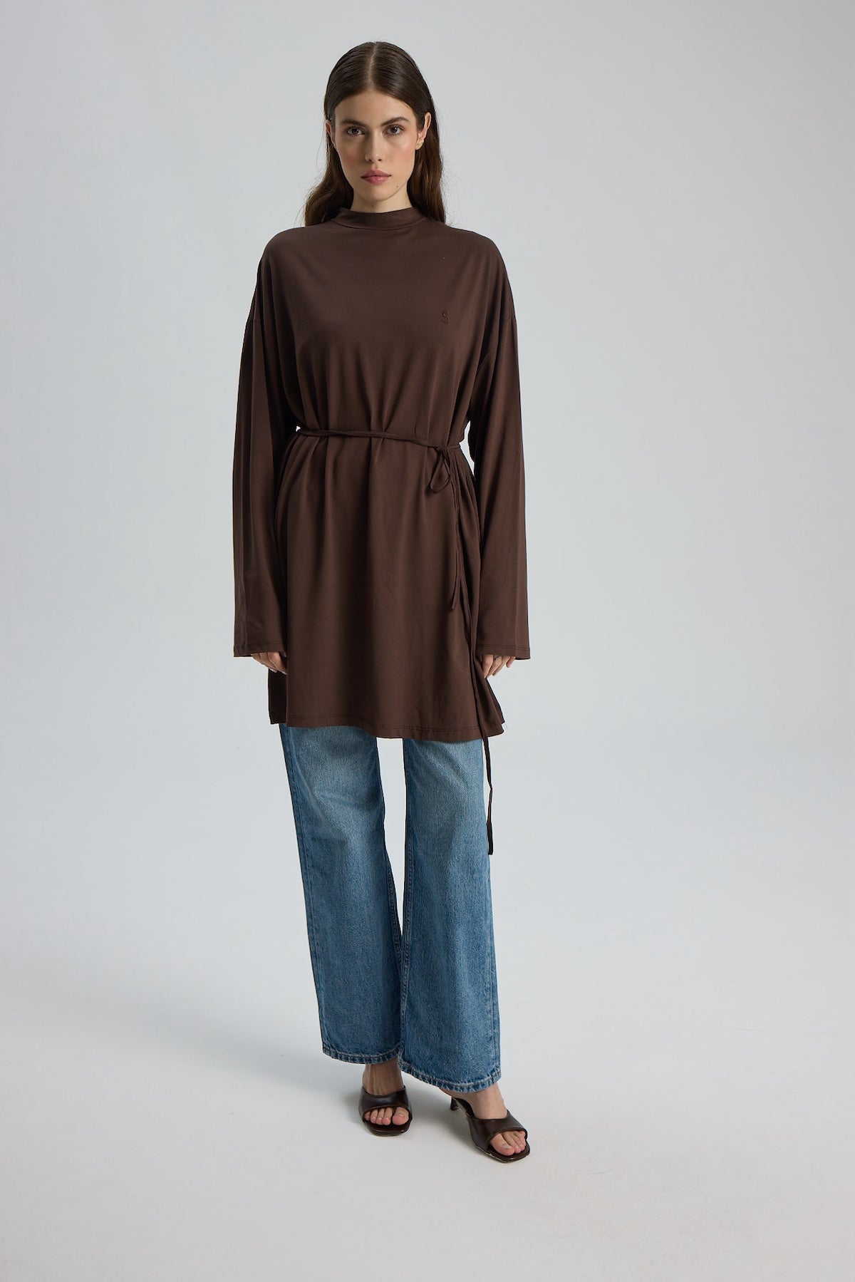 Dik Yaka 85 CM Tunik Kahverengi