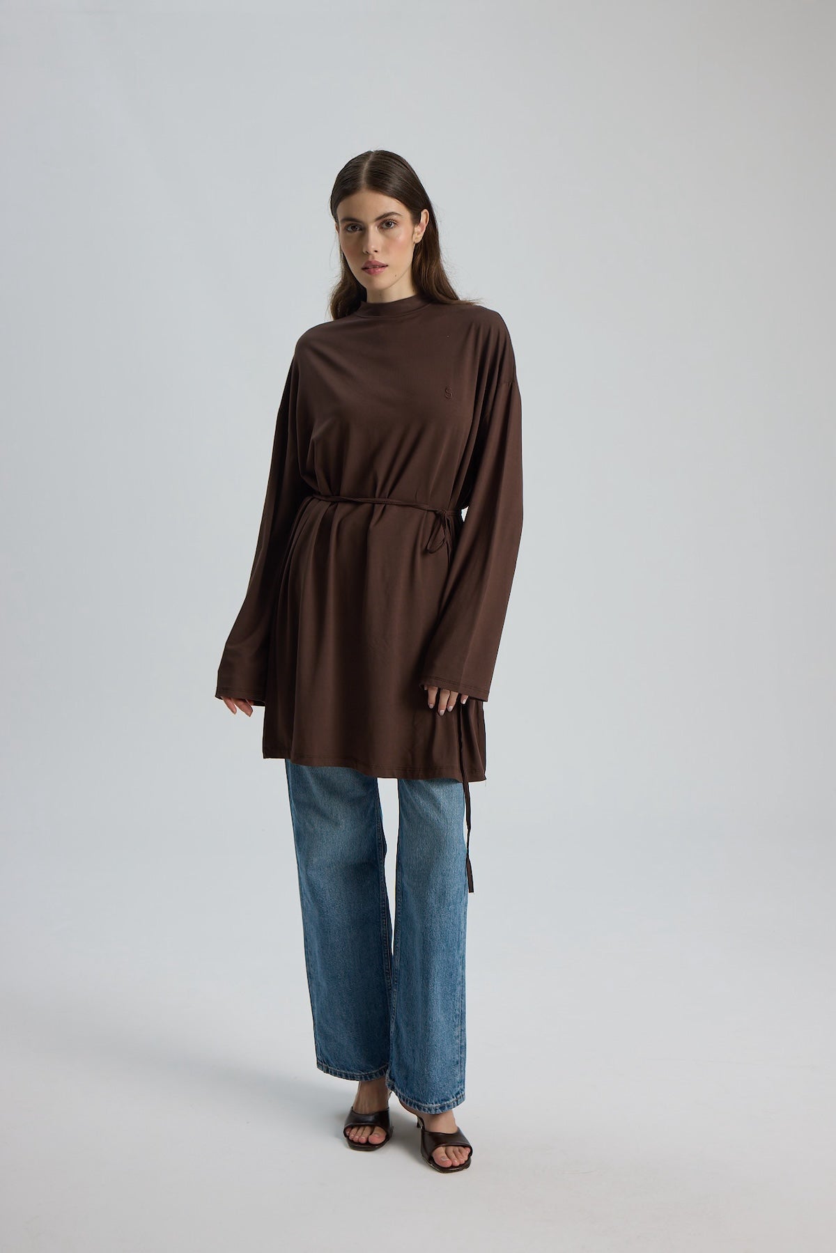Dik Yaka 85 CM Tunik Kahverengi