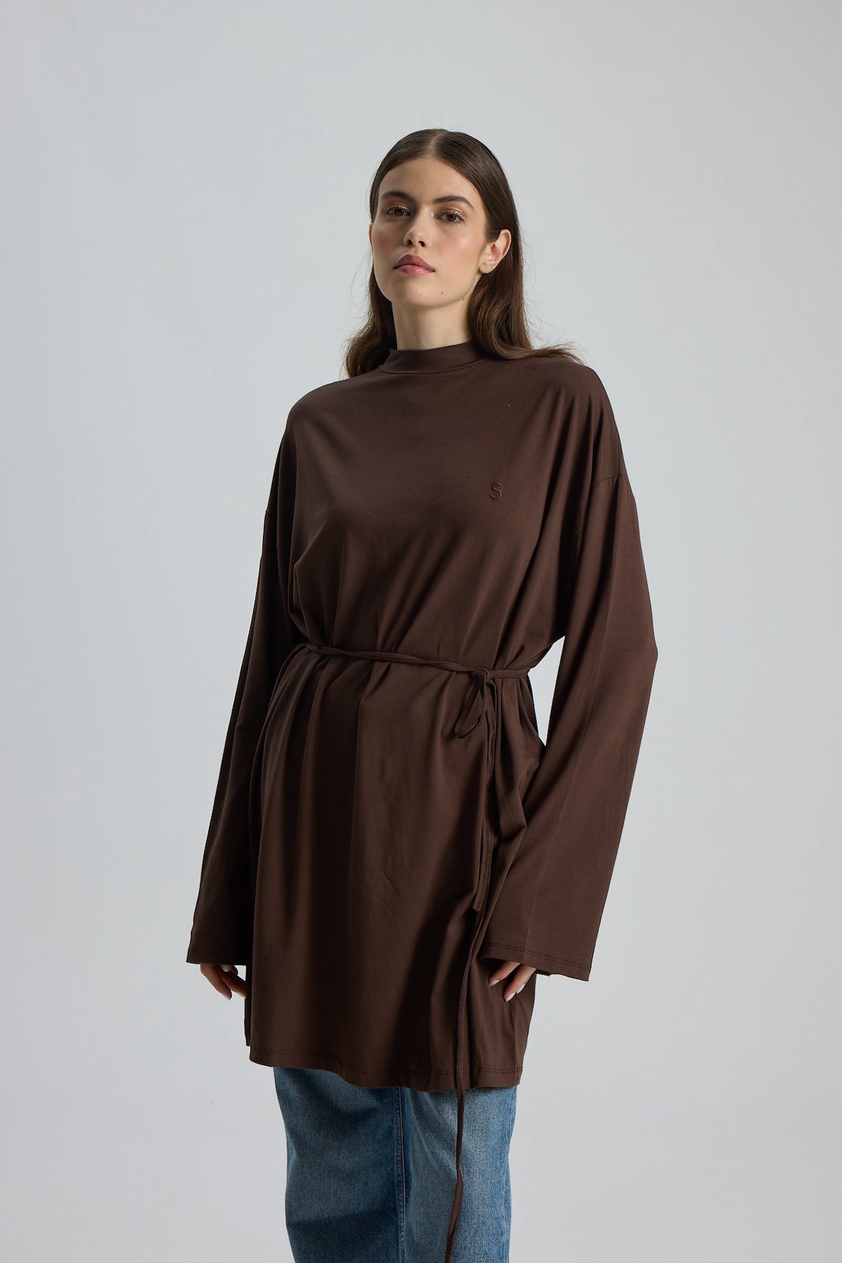 Dik Yaka 85 CM Tunik Kahverengi
