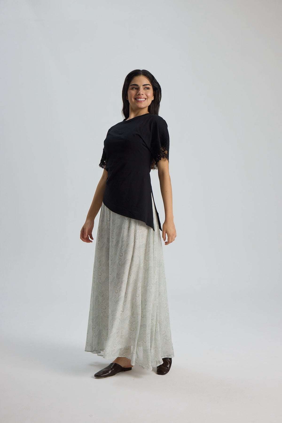 Şifon Etnik Desen Etek 100CM – Krem