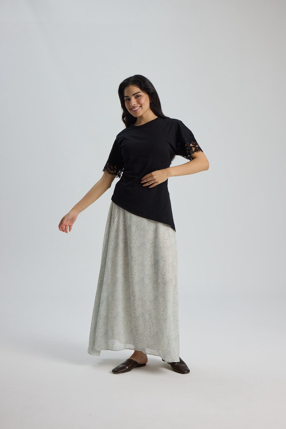 Şifon Etnik Desen Etek 100CM – Krem