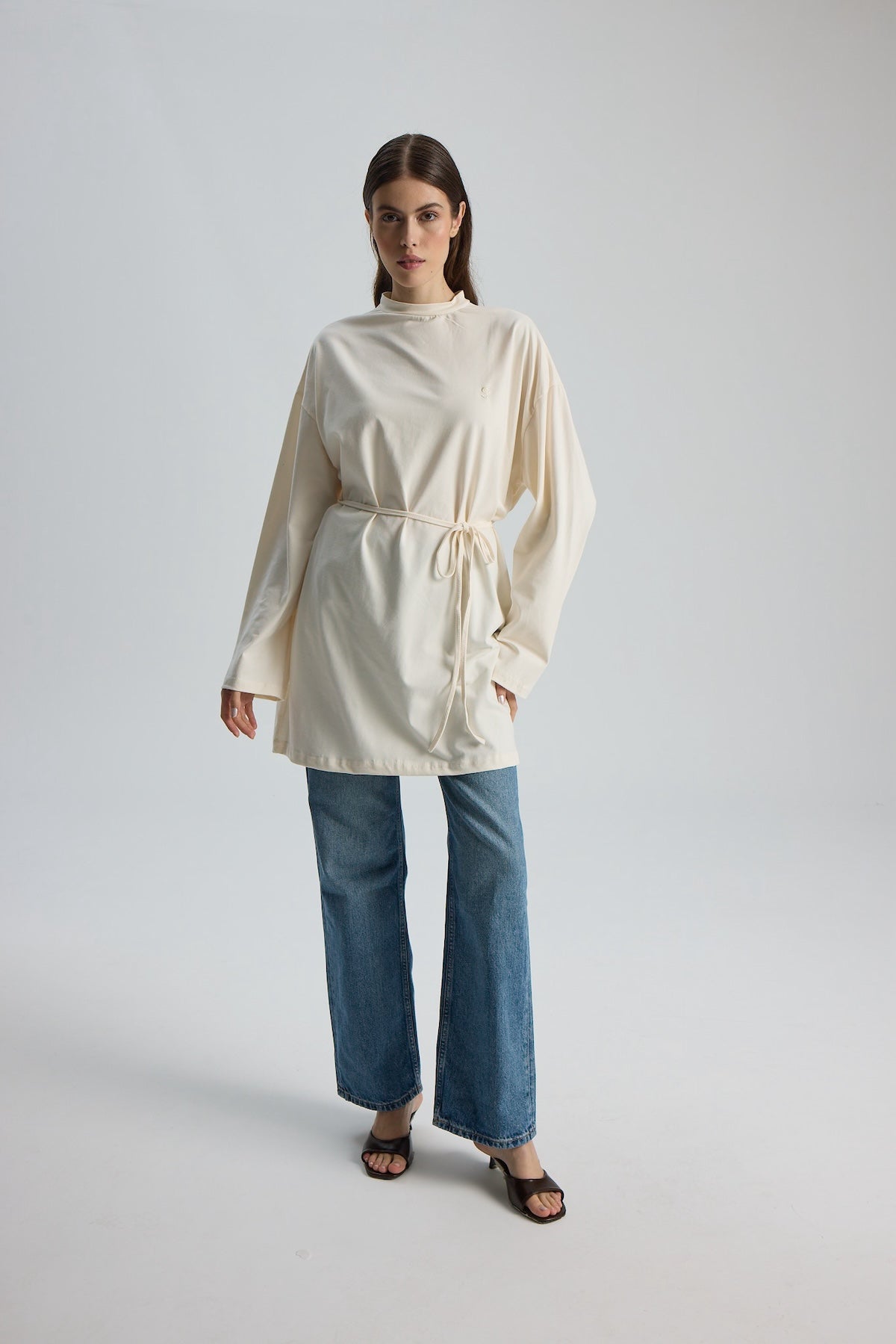 Dik Yaka 85 CM Tunik Krem